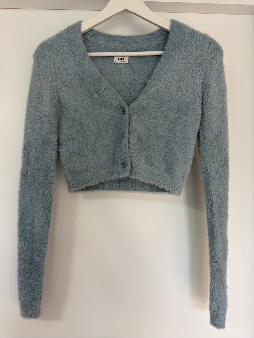Aritzia - Sunday Best Fuzzy Cropped V-Neck Cardigan in Dusty Blue